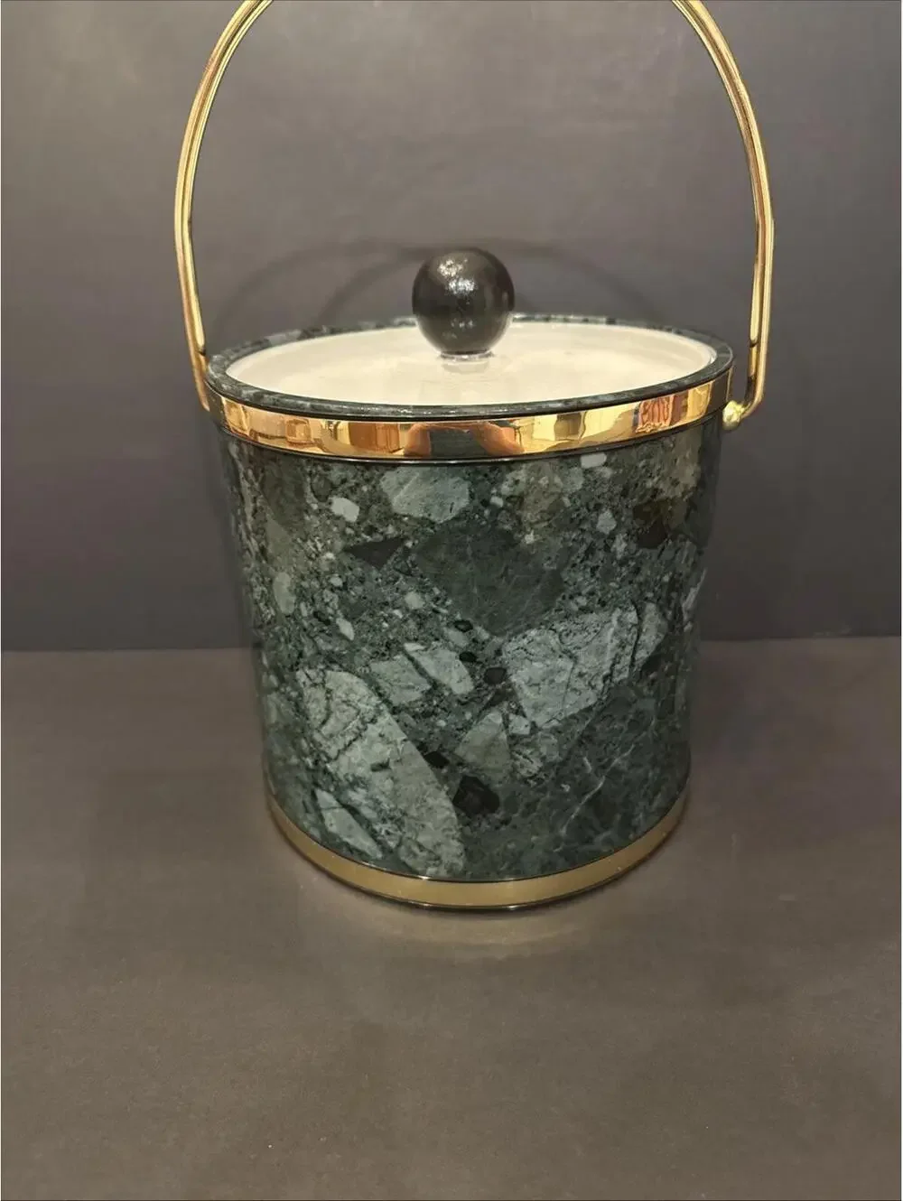 MCM Kraftware Ice Bucket Dark Green Marble Brass Barware Man Cave